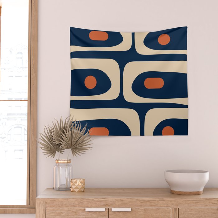 Minimalist Mid Century Modern Retro Piquet Pattern in Mid Mod Navy Blue Spiced Orange Beige Wall Tapestry Gallery Image 2