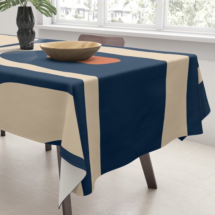 Minimalist Mid Century Modern Retro Piquet Pattern in Mid Mod Navy Blue Spiced Orange Beige Tablecloth Gallery Image 3