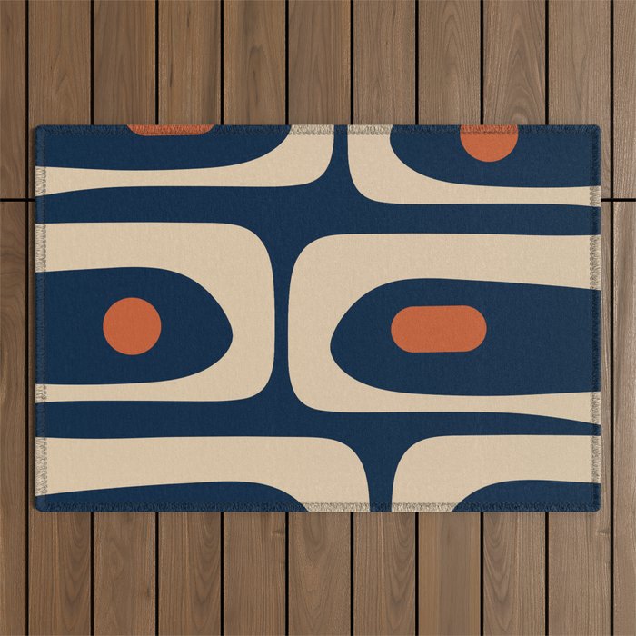 Minimalist Mid Century Modern Retro Piquet Pattern in Mid Mod Navy Blue Spiced Orange Beige Outdoor Rug Gallery Image 1