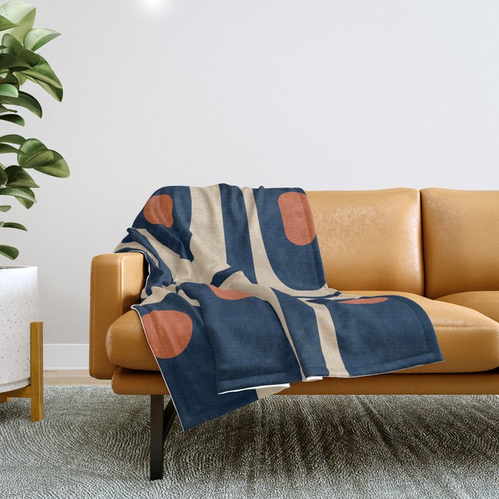Minimalist Mid Century Modern Retro Piquet Pattern in Mid Mod Navy Blue Spiced Orange Beige Throw Blanket Gallery Image 1