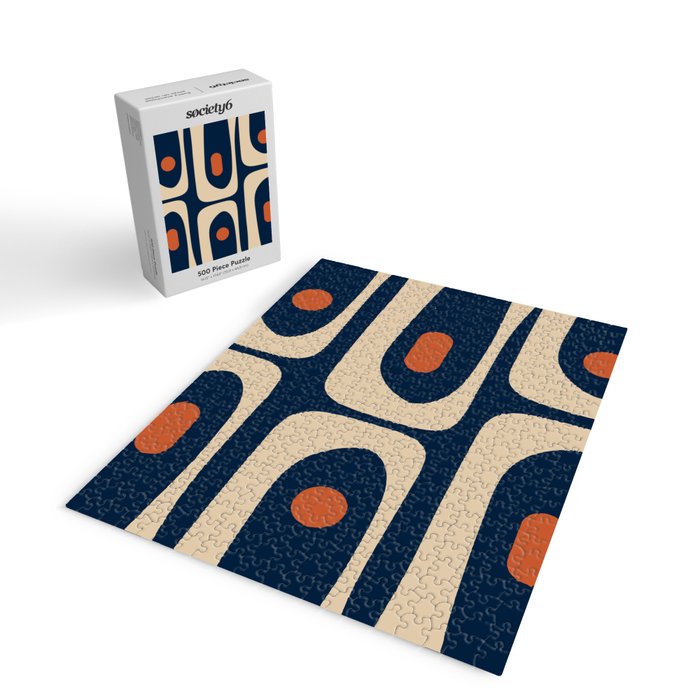 Minimalist Mid Century Modern Retro Piquet Pattern in Mid Mod Navy Blue Spiced Orange Beige Jigsaw Puzzle Gallery Image 2