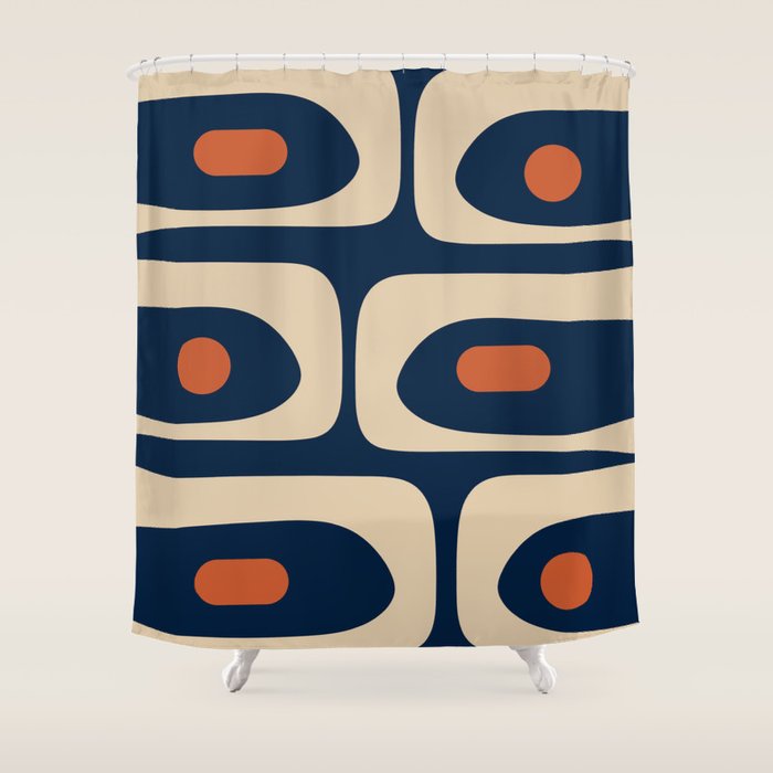 Minimalist Mid Century Modern Retro Piquet Pattern in Mid Mod Navy Blue Spiced Orange Beige Shower Curtain Gallery Image 1