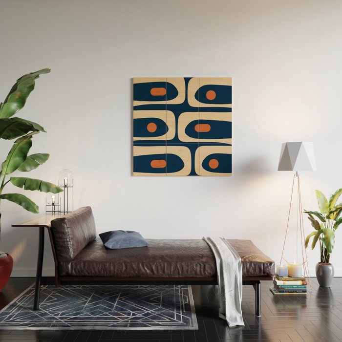 Minimalist Mid Century Modern Retro Piquet Pattern in Mid Mod Navy Blue Spiced Orange Beige Wood Wall Art Gallery Image 2