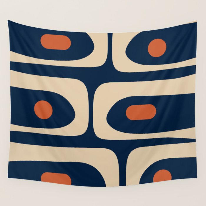 Minimalist Mid Century Modern Retro Piquet Pattern in Mid Mod Navy Blue Spiced Orange Beige Wall Tapestry Gallery Image 1