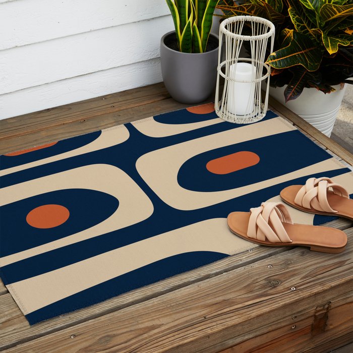 Minimalist Mid Century Modern Retro Piquet Pattern in Mid Mod Navy Blue Spiced Orange Beige Outdoor Rug Gallery Image 2