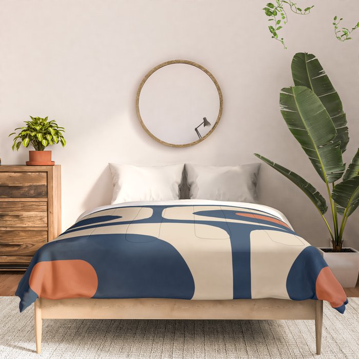 Minimalist Mid Century Modern Retro Piquet Pattern in Mid Mod Navy Blue Spiced Orange Beige Comforter Gallery Image 3