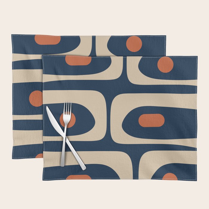 Minimalist Mid Century Modern Retro Piquet Pattern in Mid Mod Navy Blue Spiced Orange Beige Placemat Gallery Image 1