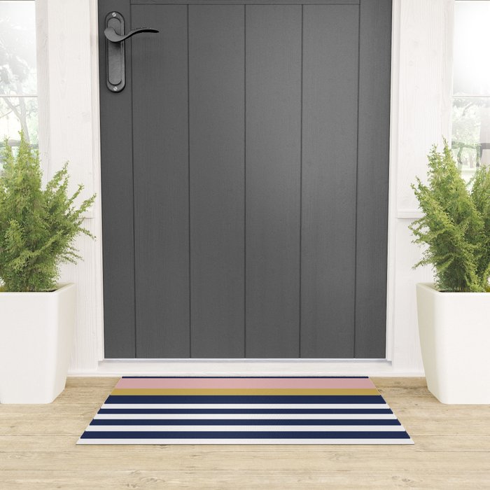 Graduated Stripes in Navy Blue, Blush Pink, Mustard Yellow, and White. Minimalist Color Block Design Welcome Mat Gallery Image 3