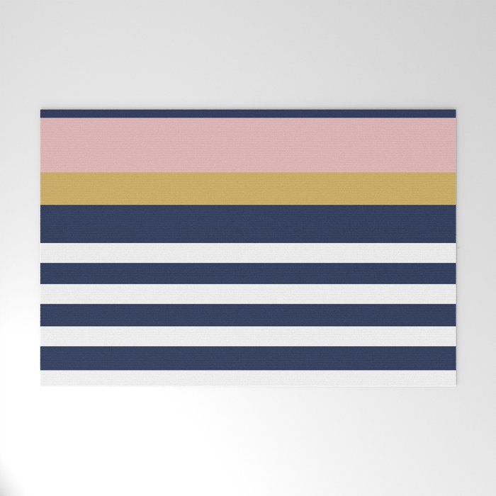 Graduated Stripes in Navy Blue, Blush Pink, Mustard Yellow, and White. Minimalist Color Block Design Welcome Mat Gallery Image 1