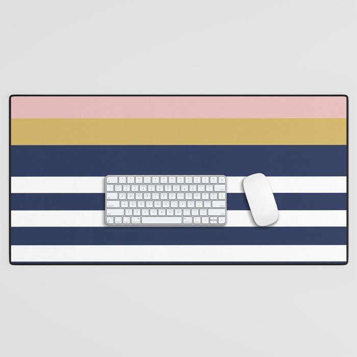 Graduated Stripes in Navy Blue, Blush Pink, Mustard Yellow, and White. Minimalist Color Block Design Desk Mat Gallery Image 1