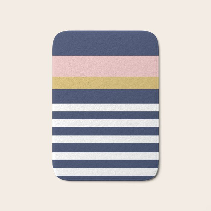 Graduated Stripes in Navy Blue, Blush Pink, Mustard Yellow, and White. Minimalist Color Block Design Bath Mat Gallery Image 1