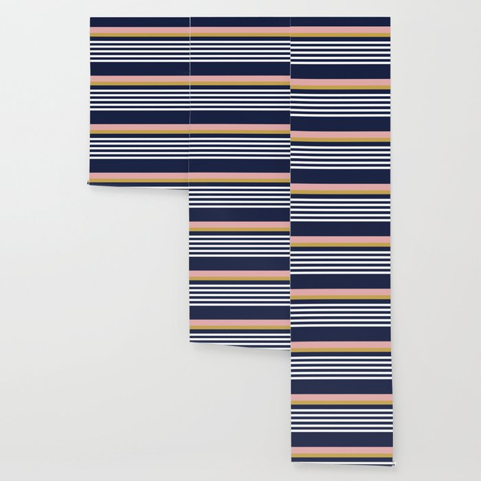 Graduated Stripes in Navy Blue, Blush Pink, Mustard Yellow, and White. Minimalist Color Block Design Wallpaper Gallery Image 3