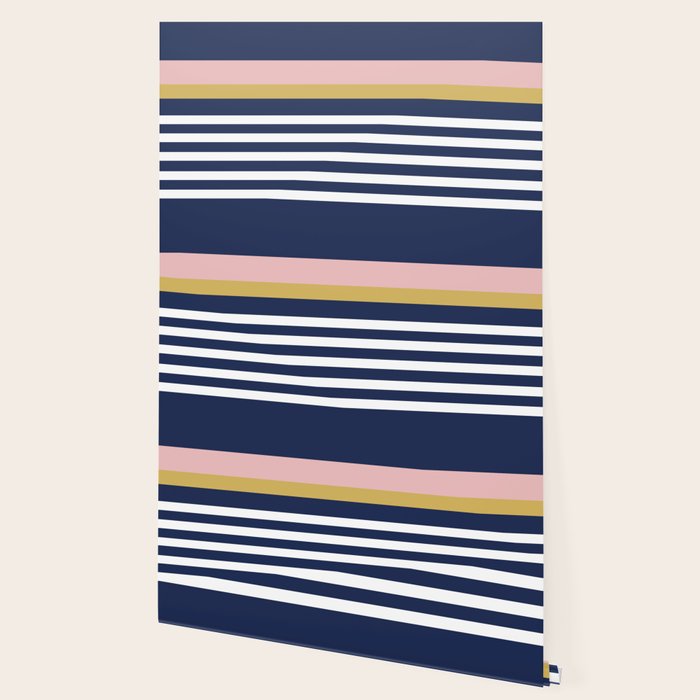Graduated Stripes in Navy Blue, Blush Pink, Mustard Yellow, and White. Minimalist Color Block Design Wallpaper Gallery Image 2