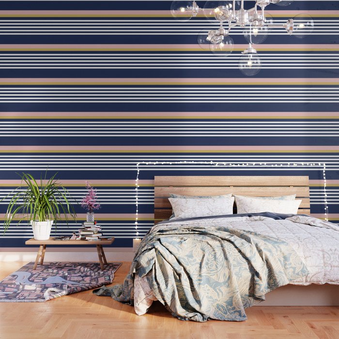 Graduated Stripes in Navy Blue, Blush Pink, Mustard Yellow, and White. Minimalist Color Block Design Wallpaper Gallery Image 3