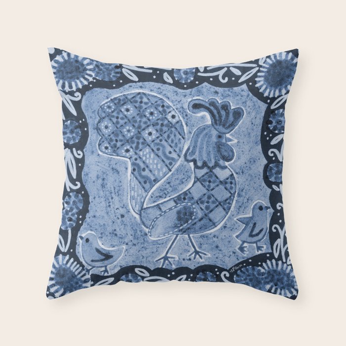 Rooster Painting in Navy Blue - Folk Art Style Throw Pillow Gallery Image 6