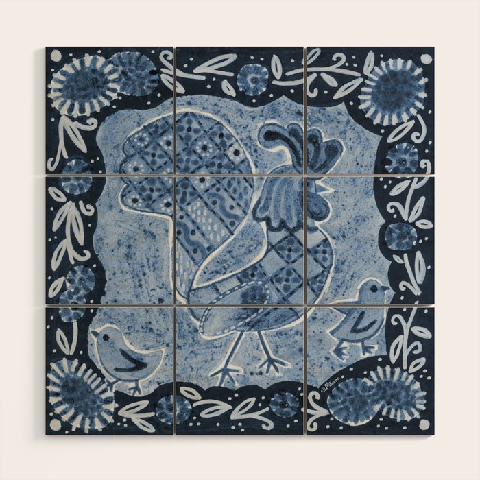 Rooster Painting in Navy Blue - Folk Art Style Wood Wall Art Gallery Image 1
