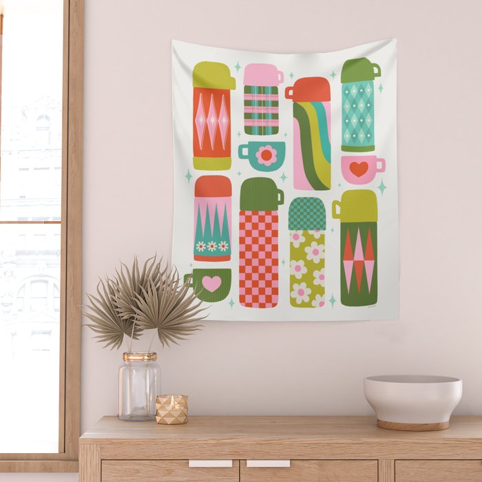 Retro Coffee Thermoses Multicolor on White Wall Tapestry Gallery Image 2