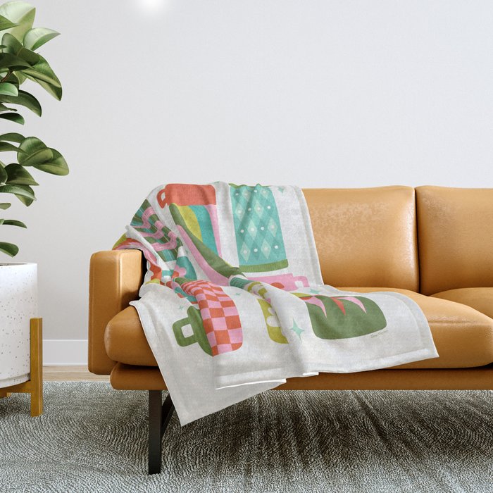 Retro Coffee Thermoses Multicolor on White Throw Blanket Gallery Image 1