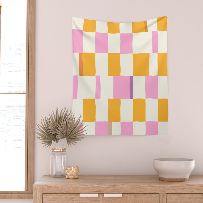 Summer check handdrawn orange Wall Tapestry Gallery Image 2