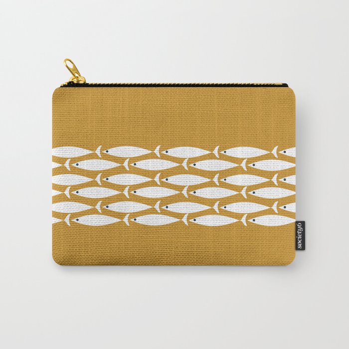 Fish Stripe 6 Minimalist Midcentury Modern Fish Pattern in White, Navy Blue, and Dark Mustard  Carry All Pouch Gallery Image 1