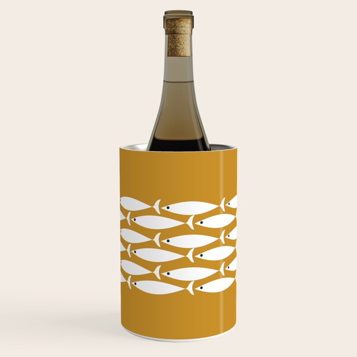 Fish Stripe 6 Minimalist Midcentury Modern Fish Pattern in White, Navy Blue, and Dark Mustard  Wine Chiller Gallery Image 1