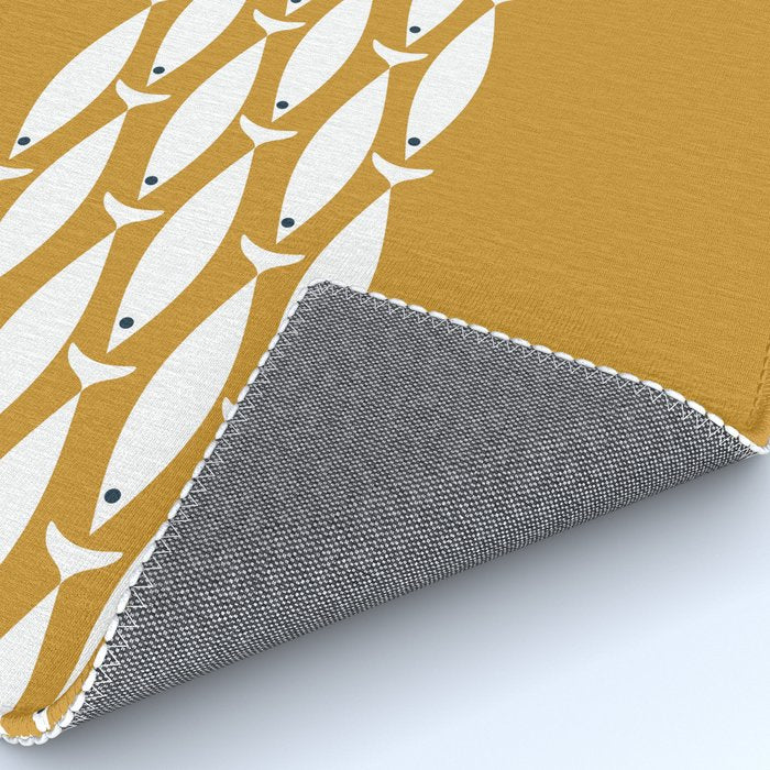 Fish Stripe 6 Minimalist Midcentury Modern Fish Pattern in White, Navy Blue, and Dark Mustard  Rug Gallery Image 4