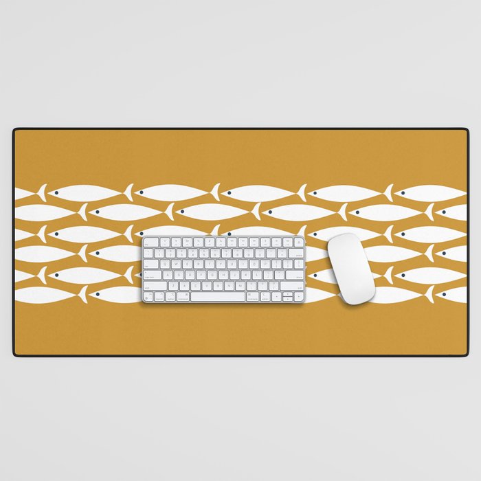 Fish Stripe 6 Minimalist Midcentury Modern Fish Pattern in White, Navy Blue, and Dark Mustard  Desk Mat Gallery Image 1