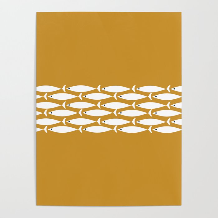 Fish Stripe 6 Minimalist Midcentury Modern Fish Pattern in White, Navy Blue, and Dark Mustard  Poster Gallery Image 1