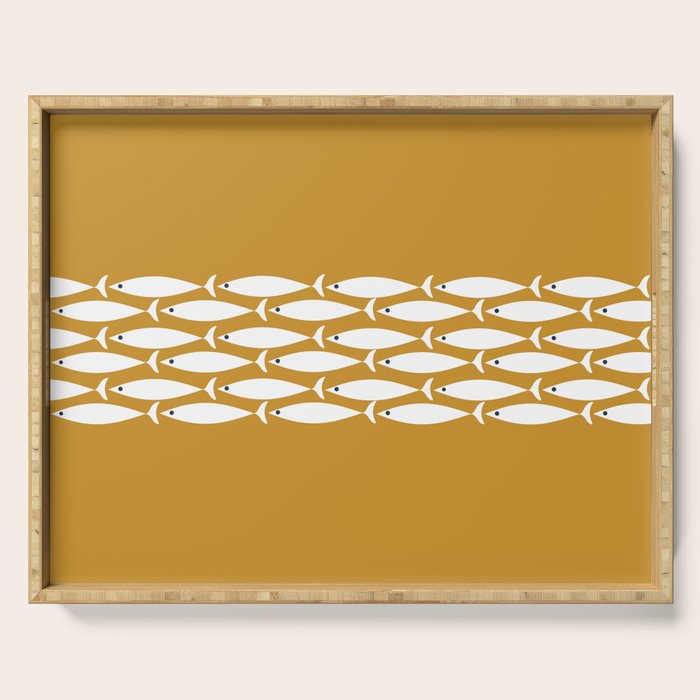 Fish Stripe 6 Minimalist Midcentury Modern Fish Pattern in White, Navy Blue, and Dark Mustard  Serving Tray Gallery Image 1