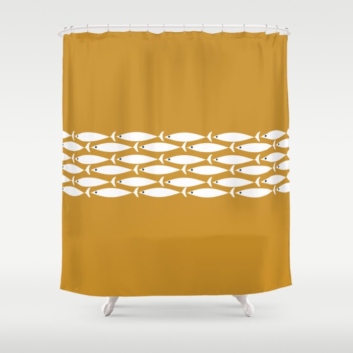 Fish Stripe 6 Minimalist Midcentury Modern Fish Pattern in White, Navy Blue, and Dark Mustard  Shower Curtain Gallery Image 1