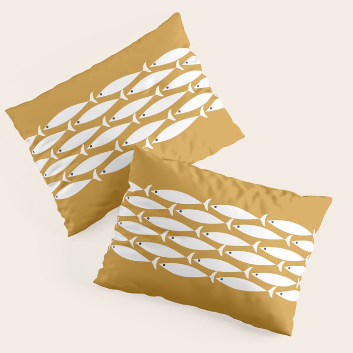 Fish Stripe 6 Minimalist Midcentury Modern Fish Pattern in White, Navy Blue, and Dark Mustard  Pillow Sham Gallery Image 3