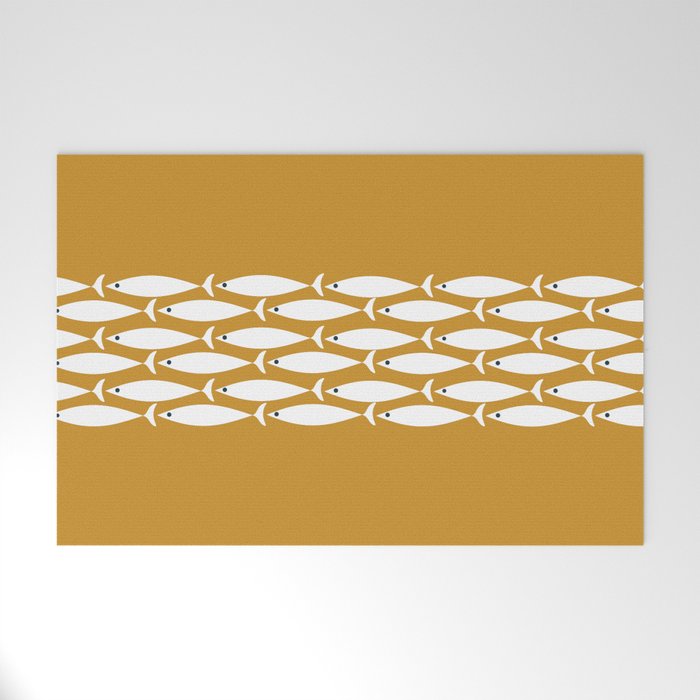 Fish Stripe 6 Minimalist Midcentury Modern Fish Pattern in White, Navy Blue, and Dark Mustard  Welcome Mat Gallery Image 1