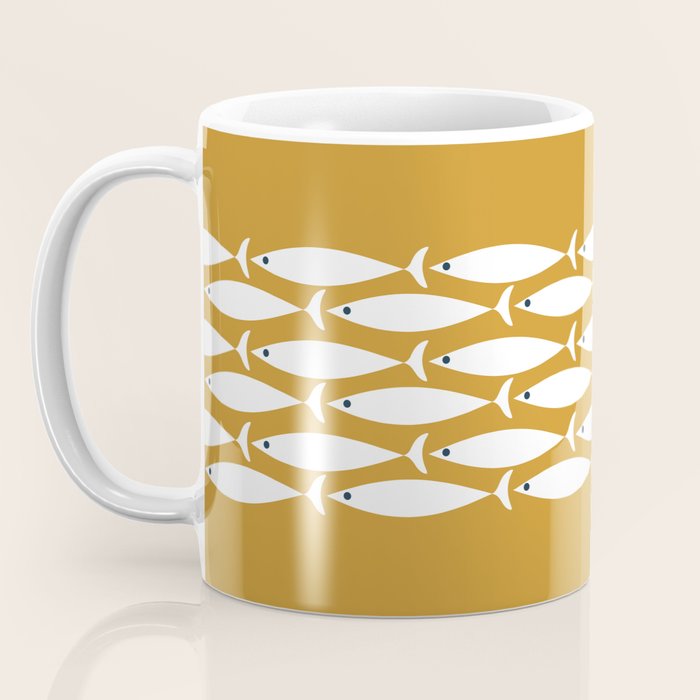 Fish Stripe 6 Minimalist Midcentury Modern Fish Pattern in White, Navy Blue, and Dark Mustard  Coffee Mug Gallery Image 3