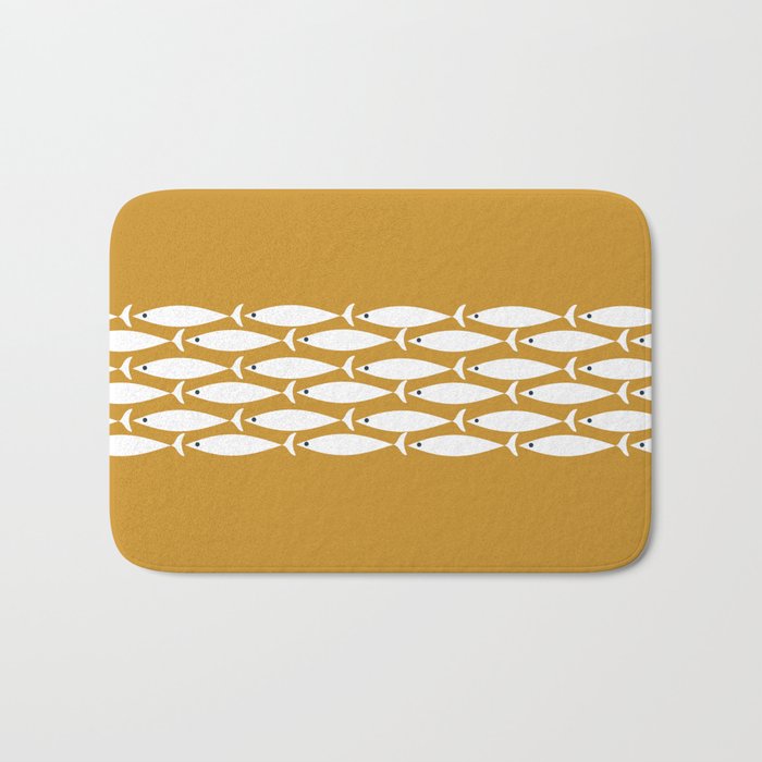 Fish Stripe 6 Minimalist Midcentury Modern Fish Pattern in White, Navy Blue, and Dark Mustard  Bath Mat Gallery Image 1