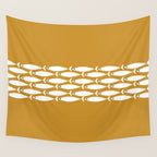 Fish Stripe 6 Minimalist Midcentury Modern Fish Pattern in White, Navy Blue, and Dark Mustard  Wall Tapestry Gallery Image 4