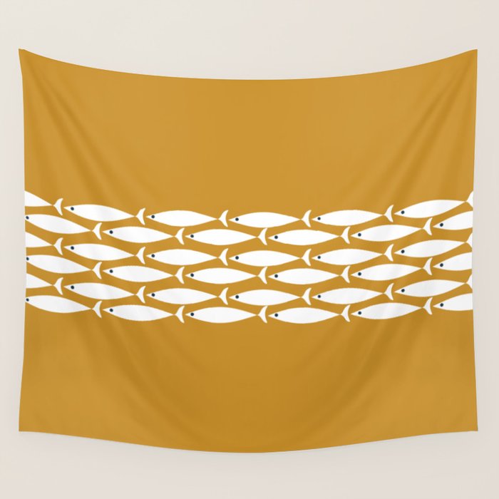 Fish Stripe 6 Minimalist Midcentury Modern Fish Pattern in White, Navy Blue, and Dark Mustard  Wall Tapestry Gallery Image 4
