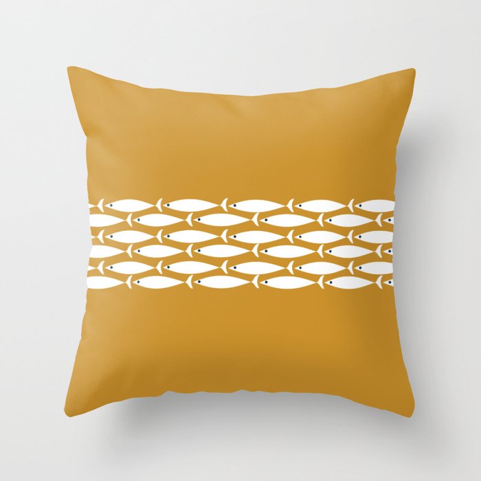 Fish Stripe 6 Minimalist Midcentury Modern Fish Pattern in White, Navy Blue, and Dark Mustard  Throw Pillow Gallery Image 6
