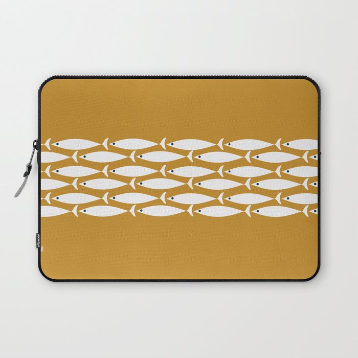 Fish Stripe 6 Minimalist Midcentury Modern Fish Pattern in White, Navy Blue, and Dark Mustard  Laptop Sleeve Gallery Image 1