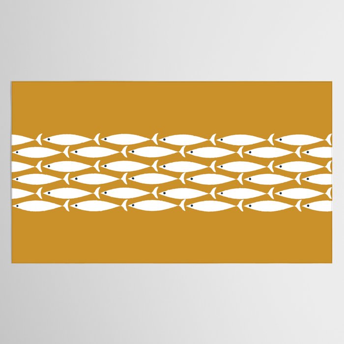 Fish Stripe 6 Minimalist Midcentury Modern Fish Pattern in White, Navy Blue, and Dark Mustard  Tablecloth Gallery Image 2
