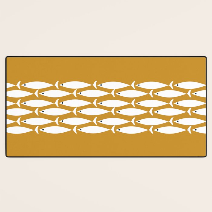 Fish Stripe 6 Minimalist Midcentury Modern Fish Pattern in White, Navy Blue, and Dark Mustard  Desk Mat Gallery Image 3