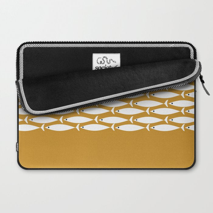Fish Stripe 6 Minimalist Midcentury Modern Fish Pattern in White, Navy Blue, and Dark Mustard  Laptop Sleeve Gallery Image 2