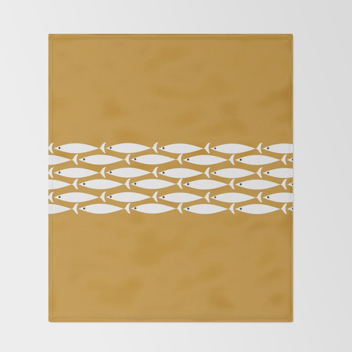 Fish Stripe 6 Minimalist Midcentury Modern Fish Pattern in White, Navy Blue, and Dark Mustard  Throw Blanket Gallery Image 2