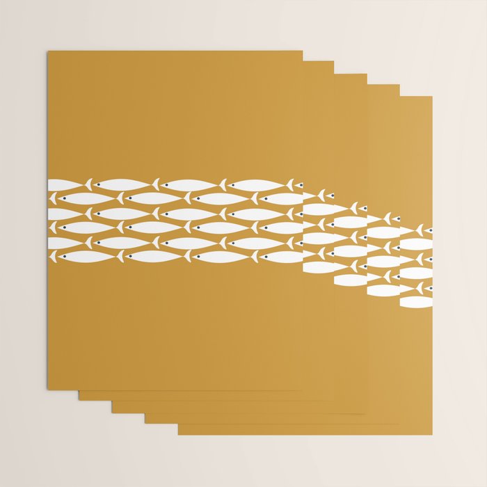Fish Stripe 6 Minimalist Midcentury Modern Fish Pattern in White, Navy Blue, and Dark Mustard  Wrapping Paper Gallery Image 3