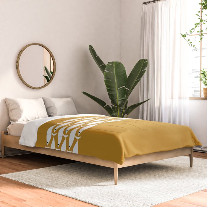 Fish Stripe 6 Minimalist Midcentury Modern Fish Pattern in White, Navy Blue, and Dark Mustard  Comforter Gallery Image 2