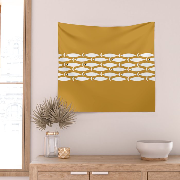 Fish Stripe 6 Minimalist Midcentury Modern Fish Pattern in White, Navy Blue, and Dark Mustard  Wall Tapestry Gallery Image 2