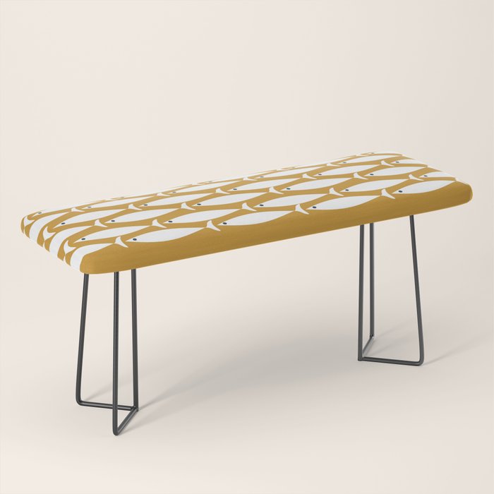 Fish Stripe 6 Minimalist Midcentury Modern Fish Pattern in White, Navy Blue, and Dark Mustard  Bench Gallery Image 1