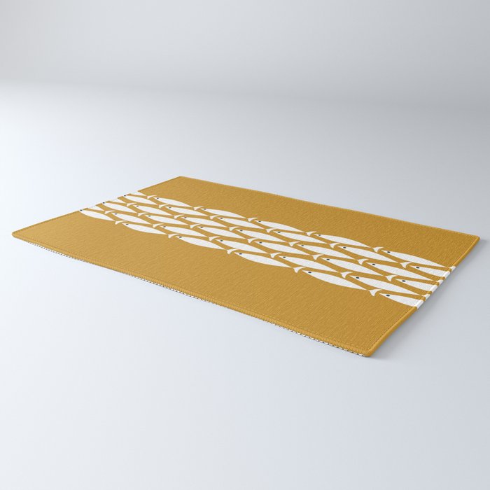Fish Stripe 6 Minimalist Midcentury Modern Fish Pattern in White, Navy Blue, and Dark Mustard  Rug Gallery Image 3