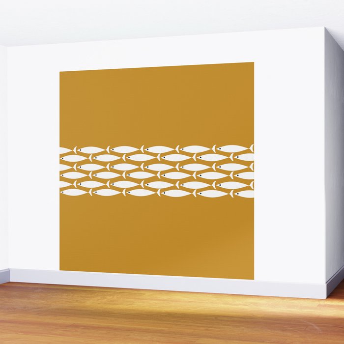Fish Stripe 6 Minimalist Midcentury Modern Fish Pattern in White, Navy Blue, and Dark Mustard  Wall Mural Gallery Image 2