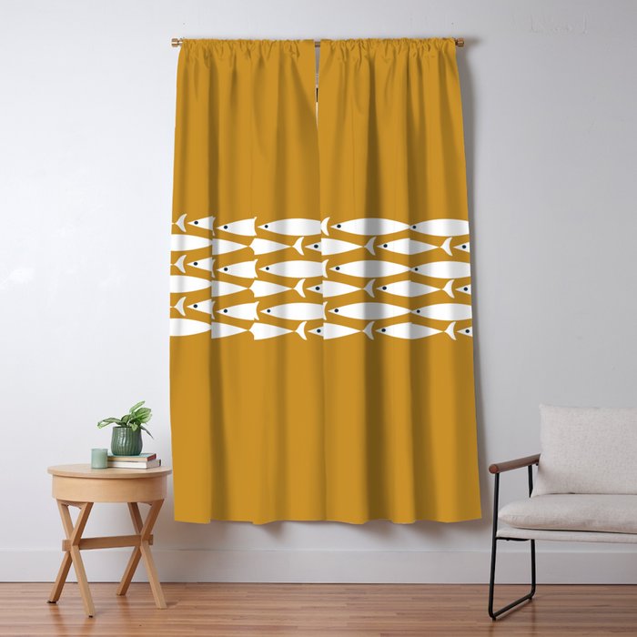 Fish Stripe 6 Minimalist Midcentury Modern Fish Pattern in White, Navy Blue, and Dark Mustard  Window Curtain Gallery Image 5