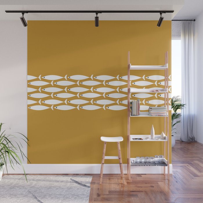 Fish Stripe 6 Minimalist Midcentury Modern Fish Pattern in White, Navy Blue, and Dark Mustard  Wall Mural Gallery Image 1